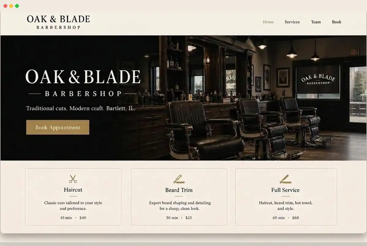 Example barbershop website design by CoreLinkDev.