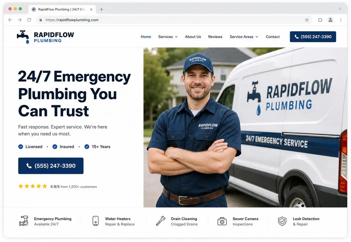 Example plumbing service website design by CoreLinkDev.